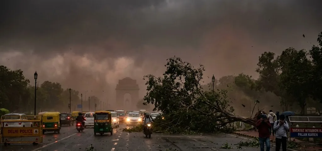 दिल्ली-NCR में धूल भरी आंधी का कहर: 111 किमी/घंटे की रफ्तार से चली हवाएं, ओलावृष्टि का अलर्ट जारी